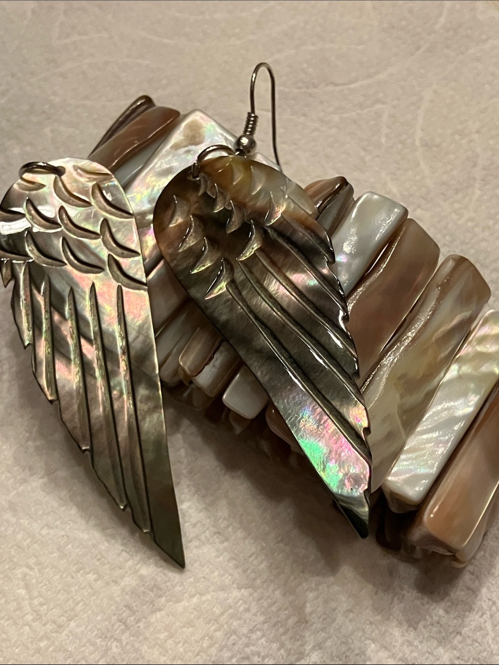 Iridescent Abalone Shell Angel wing Earrings and matching Bracelet - Picture 11 of 13